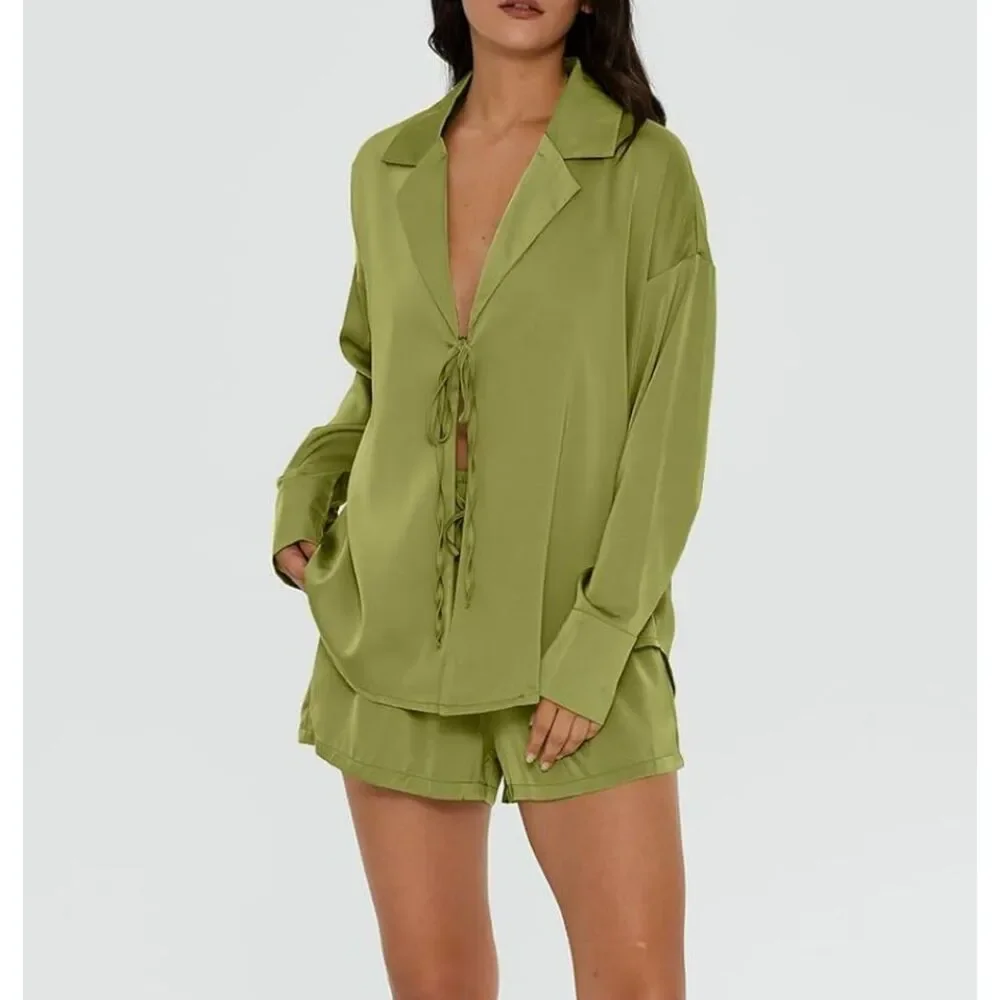 Light Olive Green Satin Tie Front Blouse & Shorts Set XL